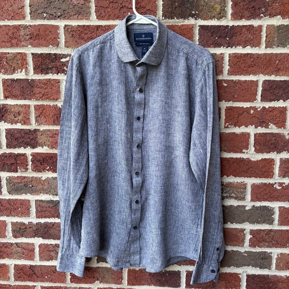 Buttoned Down Gray Linen Blend Slim Fit Button Up Shirt Mens Medium